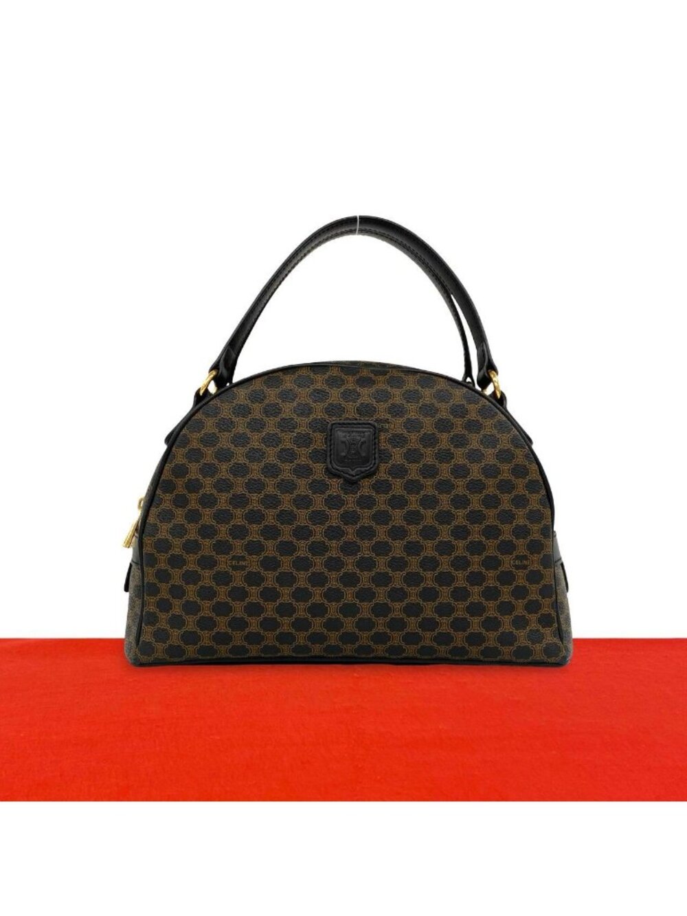 Celine Vintage Macadam Blason Pattern Leather Boston Bag Black Brown